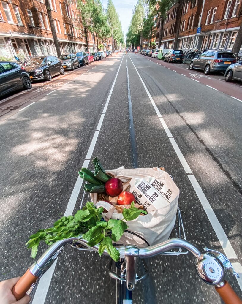 bicicleta con cesta de verduras en plano subjetivo